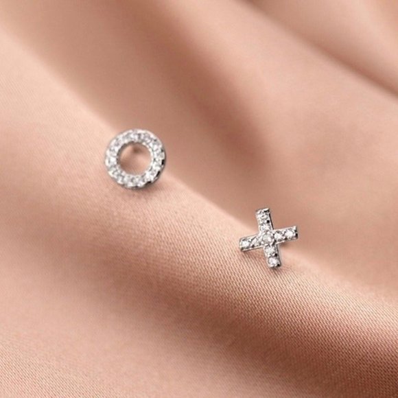 Letter X&O Asymmetry Studs Earrings w/CZ-ECZ016 - Picture 10 of 16